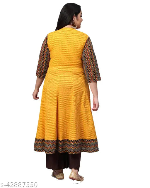 Mustard plus size geometric print anarkali kurta (5XL) on model, cotton blend fabric, Yash Gallery women's fashion
