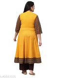 Mustard plus size geometric print anarkali kurta (5XL) on model, cotton blend fabric, Yash Gallery women's fashion