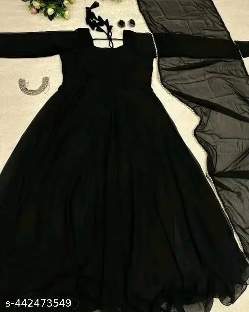 Black Georgette Fancy Women Gown, solid pattern, long sleeves, versatile partywear or formal wear