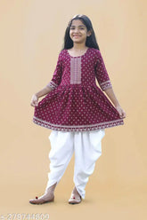 Girls rayon anarkali top & dhoti pants set, printed with three-quarter sleeves, for 5-12 year old girls. Indian children's clothing pack of 1 on display