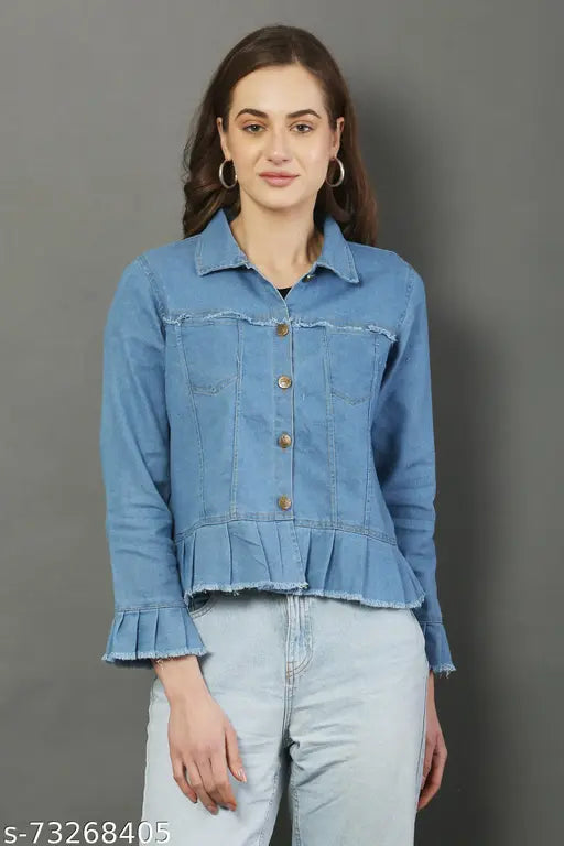 Stylish denim jacket for women, solid color, long sleeves, size N available, on mannequin