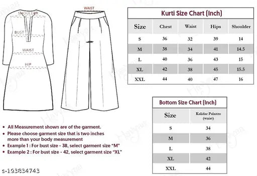 Indian printed net crepe kurta set with palazzos, XL (Bust 42in, Shoulder 15.5in, Kurta Waist 38in, Hip 45in, Length 44in, Bottom Waist 32in, Length 38in)