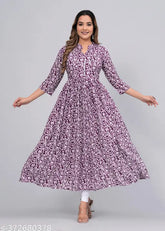 Rayon Anarkali Kurti, Sanganeri embroidery, women's Indian fashion, printed combo, three-quarter sleeves
