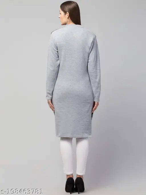 Grey wool women's long-sleeve printed kurti, comfortable winter wear for a stylish outfit, handcrafted in India (M: Bust 42in, Size Length 42in)
