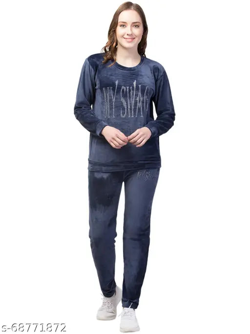 Navy Blue Velvet Winter Suit Set: Solid top, pyjama with side pockets, ideal for sleepwear, loungewear & active wear. Made of soft velvet fabric, perfect for women's leisure time