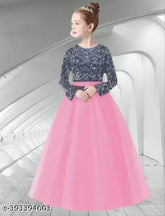 Indian net gown, long sleeves for girls aged 5-16 years. Solid pattern children's formal dress
