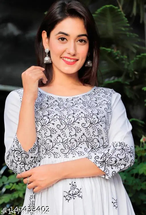 Mustard Rayon Hand Block Print Detail Anarkali Kurti, women's traditional Indian wear with embroidered design and three-quarter sleeves