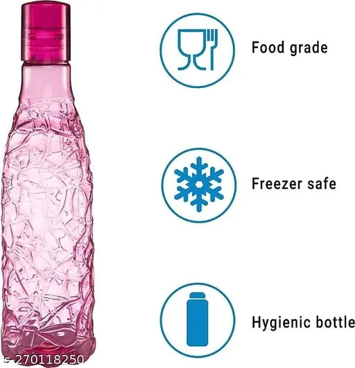 Unbreakable plastic 1 liter mosaic FridgeWater bottles set of 6, crystal clear with wide mouth, ergonomic design for gym, yoga, office, school, travel, and home use. Freezer and dishwasher safe. Ideal for cold beverages storage. Made in Iceland