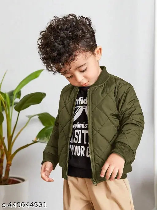 Green polyester boys bomber jacket with classic design and long sleeves, perfect for casual wear and layering, trendy and youthful