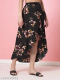Black crepe A-line skirt with floral print, high low wrap style and ruffles on hem. Elastic waist. OOMPH brand