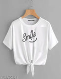 White cotton blend short-sleeve girls t-shirt featuring a smiling print, made in India