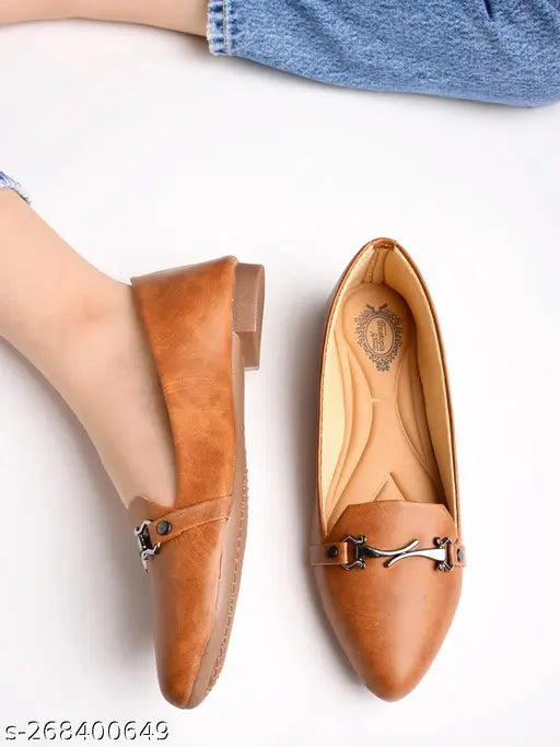 Synthetic tan ballerinas by Shoetopia for women - slip-on style, solid pattern in sizes IND-4, IND-5, IND-6 (Indian origin)
