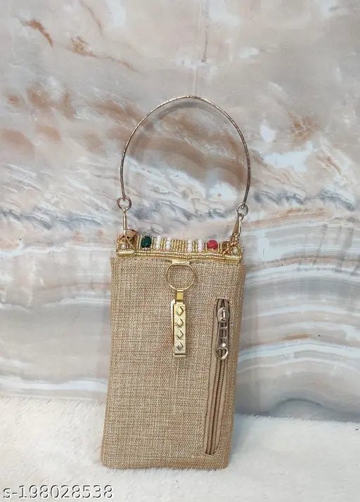 Trendy jute mobile sling with handle, long chain and saree clip. Embroidered net bag accessory for Indian fashion