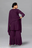 Embroidered Georgette Kurta & Sharara Set with sequins, three-quarter sleeves, and matching dupatta. Indian embroidered clothing on mannequin