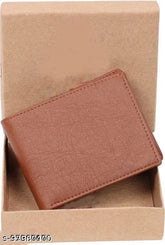 Tan faux leather men's wallet with two compartments, solid pattern, free size (10cm x 11cm), made in India