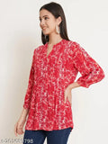 Red viscose rayon longline top with embroidered net mandarin collar, size S-9XL. Casual printed women's wear