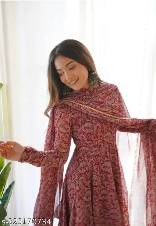 Georgette Women's Fancy Printed Net Gown with Long Sleeves, India