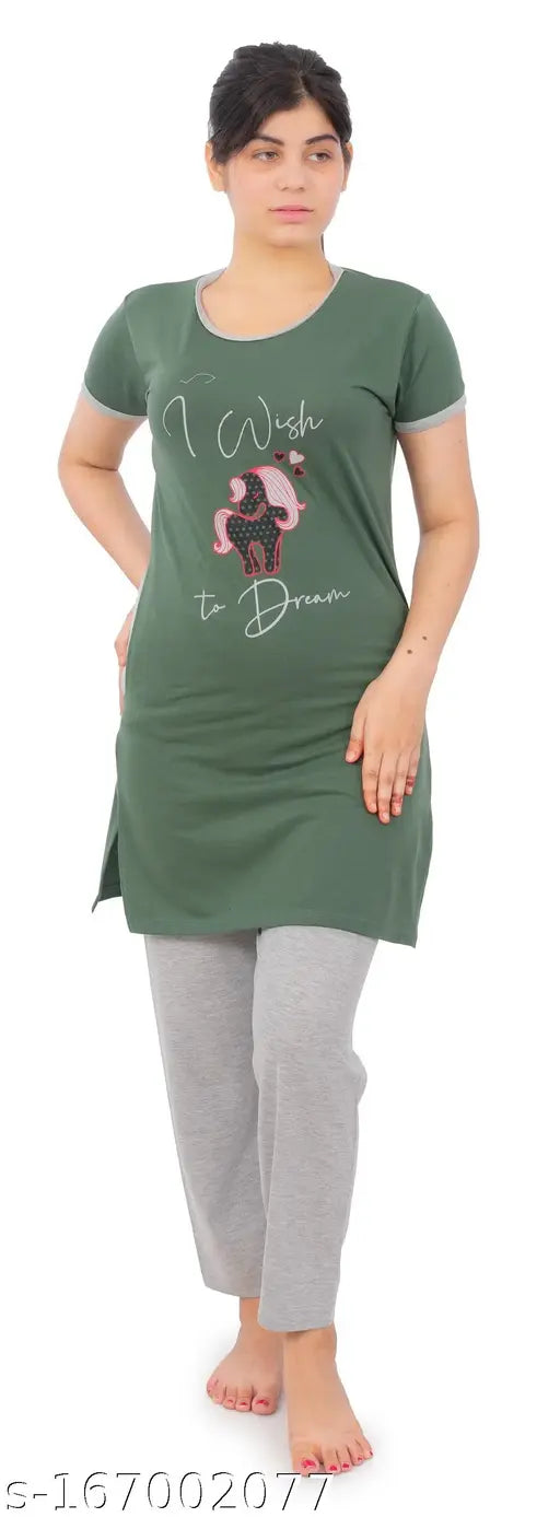 Cotton printed women's nightsuits by Bliss Bell, half sleeves top with round neck and graphics. Pyjama features elastic waistband with a drawstring pocket. Summer nightwear essential from India