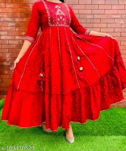 Stylish rayon anarkali kurti with embroidery & print, three-quarter sleeves, Indian women's fashion in various sizes