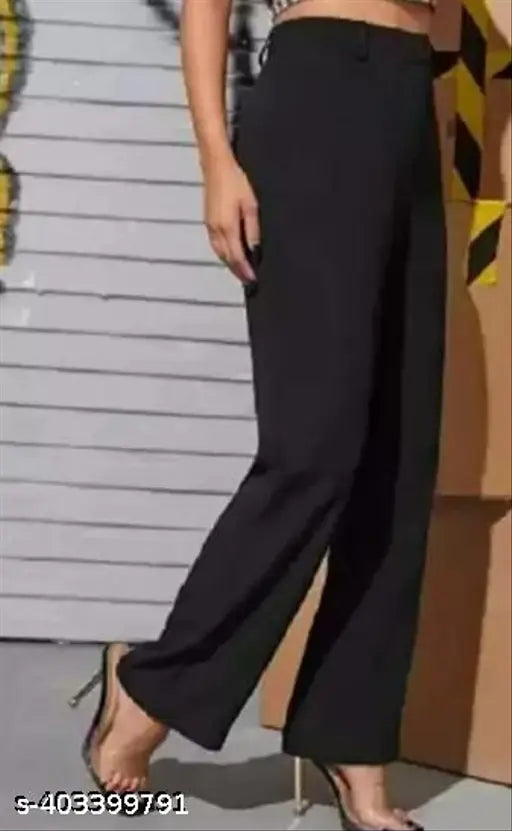 Black cotton lycra bellbottom pants for women, stylish formal party wear trousers with solid pattern, size M-Free Size, made in India