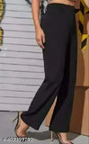 Black cotton lycra bellbottom pants for women, stylish formal party wear trousers with solid pattern, size M-Free Size, made in India