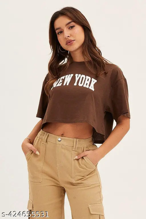 Cotton blend women's half-sleeve cropped NY graphic tee, summer round neck crop top - vibrant printed design