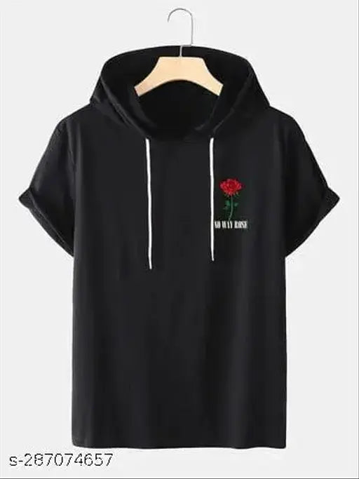 Casual cotton-blend men's t-shirt, short sleeves, self-design pattern. White t-shirt on hanger, hood included, India origin