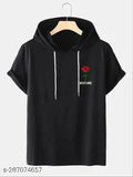 Casual cotton-blend men's t-shirt, short sleeves, self-design pattern. White t-shirt on hanger, hood included, India origin