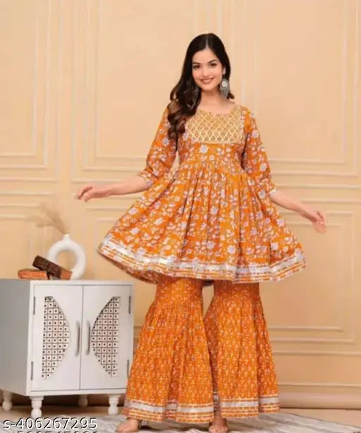 Mustard rayon sharara and dupatta set with stitched net and gota work, traditional Indian ethnic wear for women