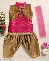 Georgette & Art Silk sleeveless, pleated kid's frock. Three colors: pink, blue, yellow. Perfect for parties and birthdays