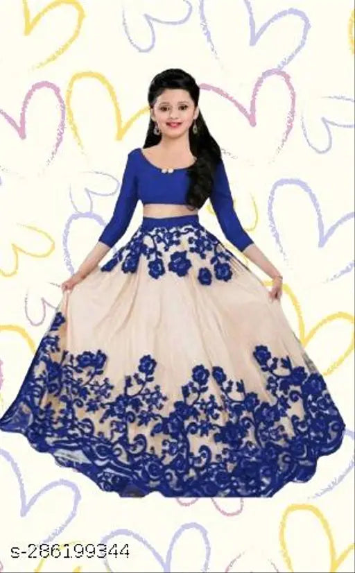 Embroidered kids net lehenga set, three-quarter sleeves, solid color with semi-stitched embroidery, Indian traditional wear for 8-12 year olds
