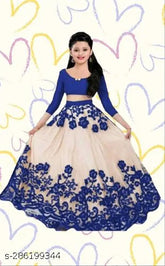 Embroidered kids net lehenga set, three-quarter sleeves, solid color with semi-stitched embroidery, Indian traditional wear for 8-12 year olds