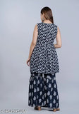 Dark blue rayon printed kurta set with sharara and dupatta for women. Indian ethnic wear featuring round neck, regular sleeves, and a-line design. Perfect for festive, daily, casual, office, or evening wear." (103 characters)