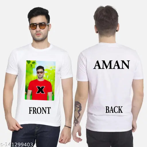 Customizable polyester t-shirt for boymen in white color, personalized with printed designs for daily use. Ideal for events, businesses, or as uniforms. Direct print on surface in HD quality. User-friendly process to order