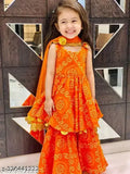 Orange rayon anarkali kurta and sharara set for kids with printed design, embellishments, and traditional patterns. Sizes range from 3-4 years to 11-12 years, each with specific length sizes provided. Indian ethnic wear originates in India