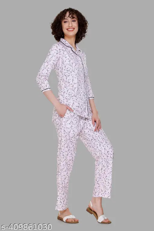 Women's printed front open nightsuit set, shirt style cotton nightsuits with floral print, 100% cotton nightwear on display