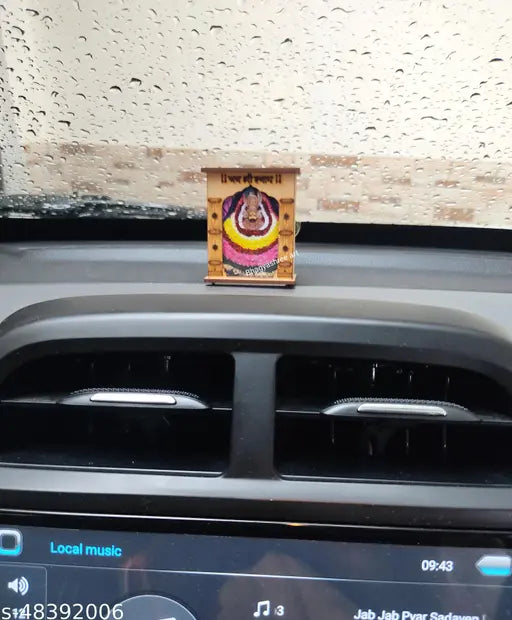 Indian handcrafted MDF Khatu Shyam Mandir for car dashboard, antique laser design with Shree Khatu Shyam photo