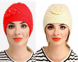 Woolen beaded winter cap (2 pieces) - soft, stretchable, warm, trendy women's cap in assorted colors, made in India