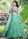 Green embroidered semi-stitched lehenga choli set with floral dupatta, traditional Indian attire for women made from net fabric