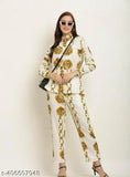 White crepe golden chain print coord set for women with long sleeves and shrug, Indian fashion on display