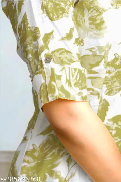 Cotton slub printed straight kurta in digital flower print, pack of 1 - Women's Indian-made office kurta with three-quarter sleeves