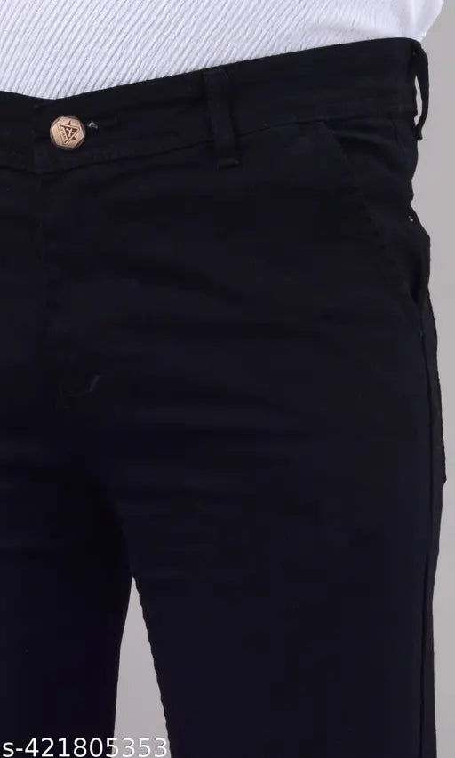 Men's regular black denim jeans with stretchable fabric, versatile for casual and semi-formal wear. Close-up image shows unique detailing on Indian-made jeans (Size 42, 44, 46, 48, or 50)