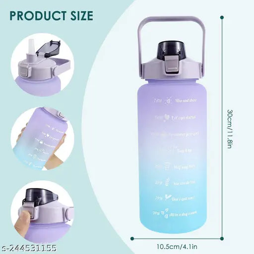 Multi-color BPA free motivational 2L water bottle with straw and time markings, leakproof flip cap, portable, and locked. Ideal for fitness, travel, or as a thoughtful gift. Durable, temperature-resistant, and easy to clean with wide mouth and detachable strap. Made in India