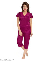 Soft satin capri night suit set for sleepwear and loungewear, women's top & bottom in solid satin fabric, ideal for bedroom or special occasions, Indian-made quality fashion
