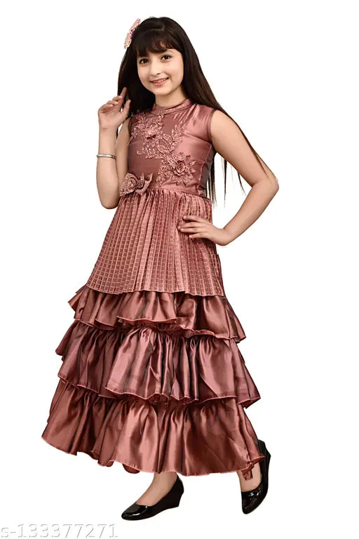 Silk blend girls frock dress, self-design net three-quarter sleeve, 8-9 years size (30in bust, 40in length)