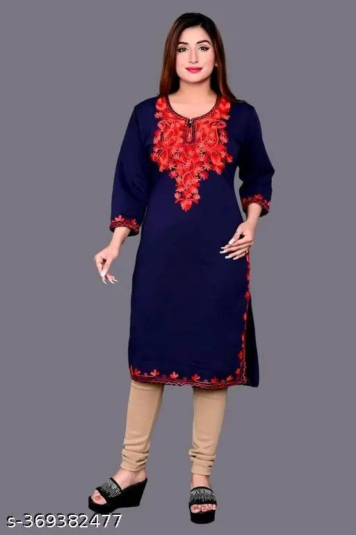 Navy blue woolen kurti, three-quarter sleeves, solid design, comfortable fit for M (bust 40in, length 42in), L (bust 42in, length 42in), XL (bust 44in, length 42in). Indian handcrafted woolen garment