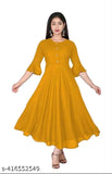 Yellow rayon Anarkali kurti with bell sleeves, single color women's clothing on low price, India origin
