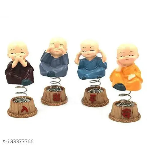 Multicolor spring buddha toy set (4 pcs), handcrafted poly resin religious idols for car dashboard or interior decoration