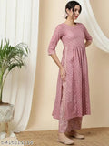 Pink viscose rayon Surya Women's ethnic motifs printed pleated A-line kurta with palazzos, perfect for Indian wear