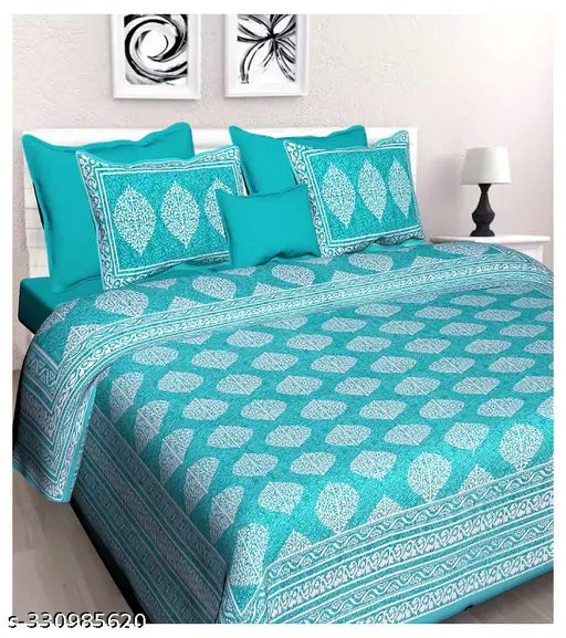 Vibrant Rajasthani-printed, 100% Jaipuri cotton king size double bed sheet with 2 pillow covers, ideal for summer